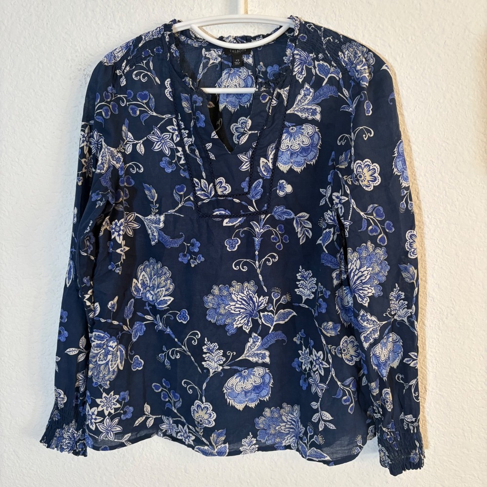 Talbots Floral Paisley Blouse Women XS Navy Blue